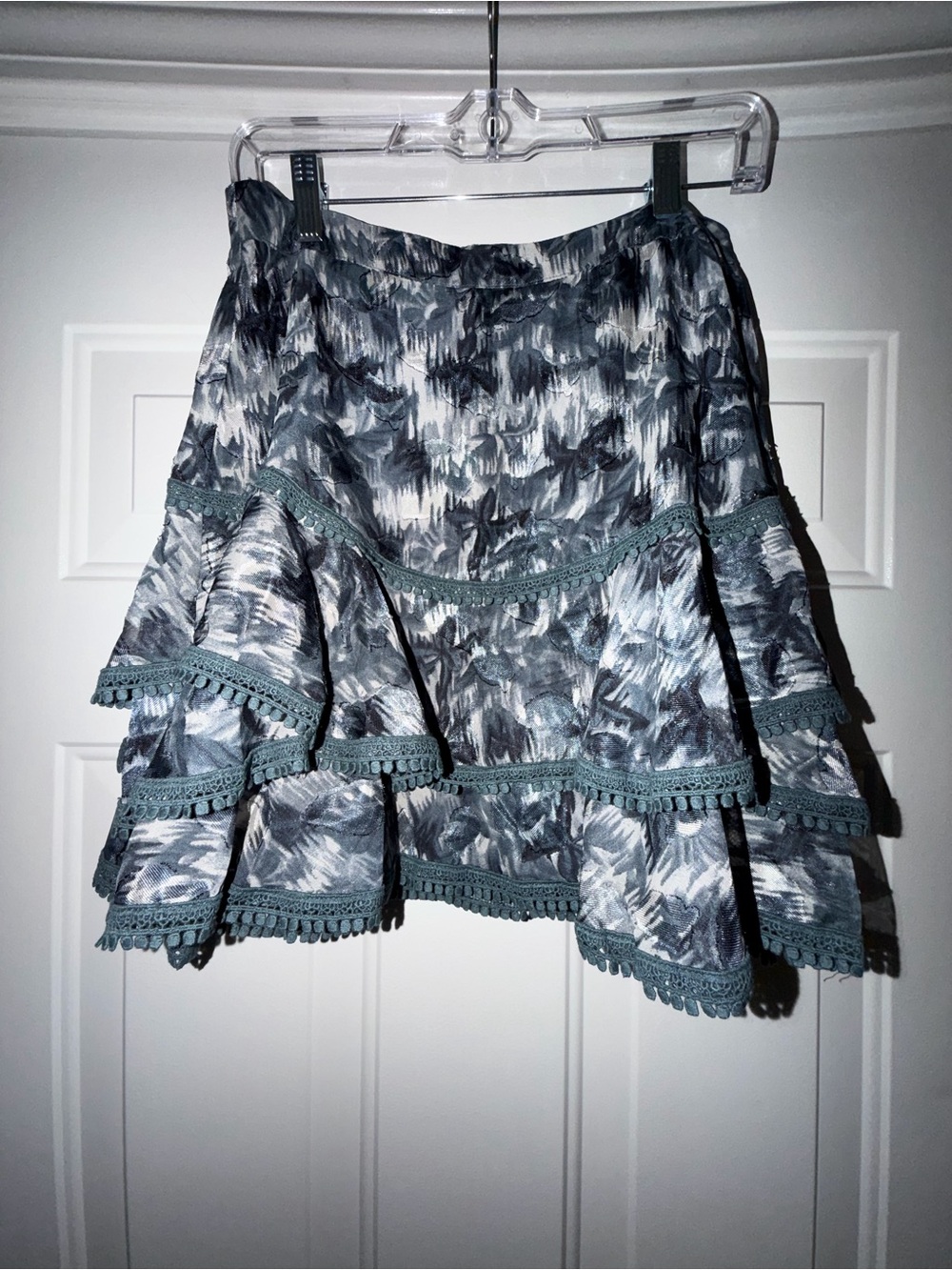 Allison- Brushstroke Print Mini Skirt with Lace Trim - Blue. Sz M